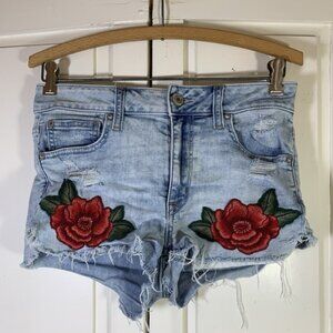 American Eagle Outfitters AE Hi‎ Rise Shortie Cutoff Jean Shorts 6 Rose Appliqué